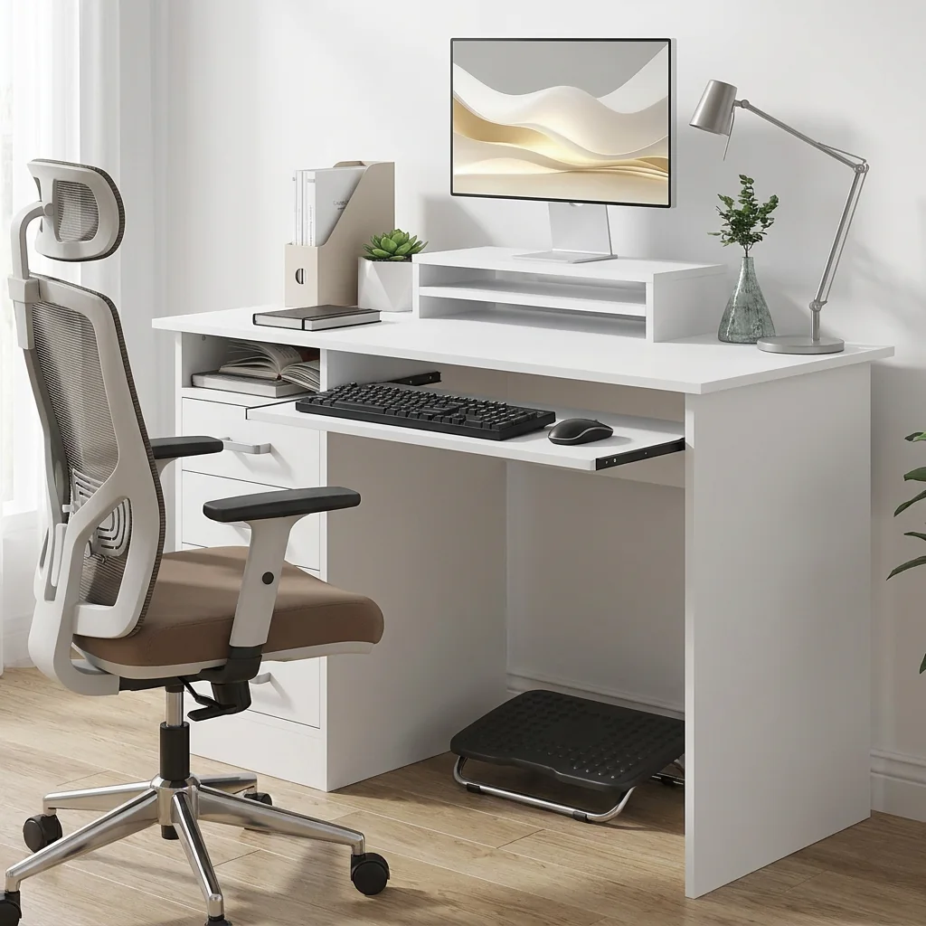 Ergonomia prática numa secretária HOMCOM: alturas, ecrã e postura que não sobrecarregam o corpo.