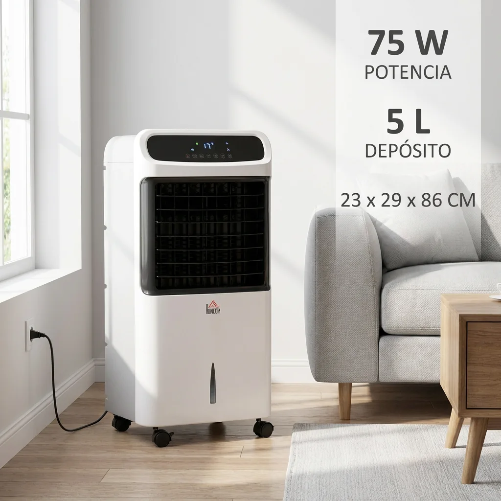 Principais características do climatizador evaporativo HOMCOM de 75W com reservatório de 5L