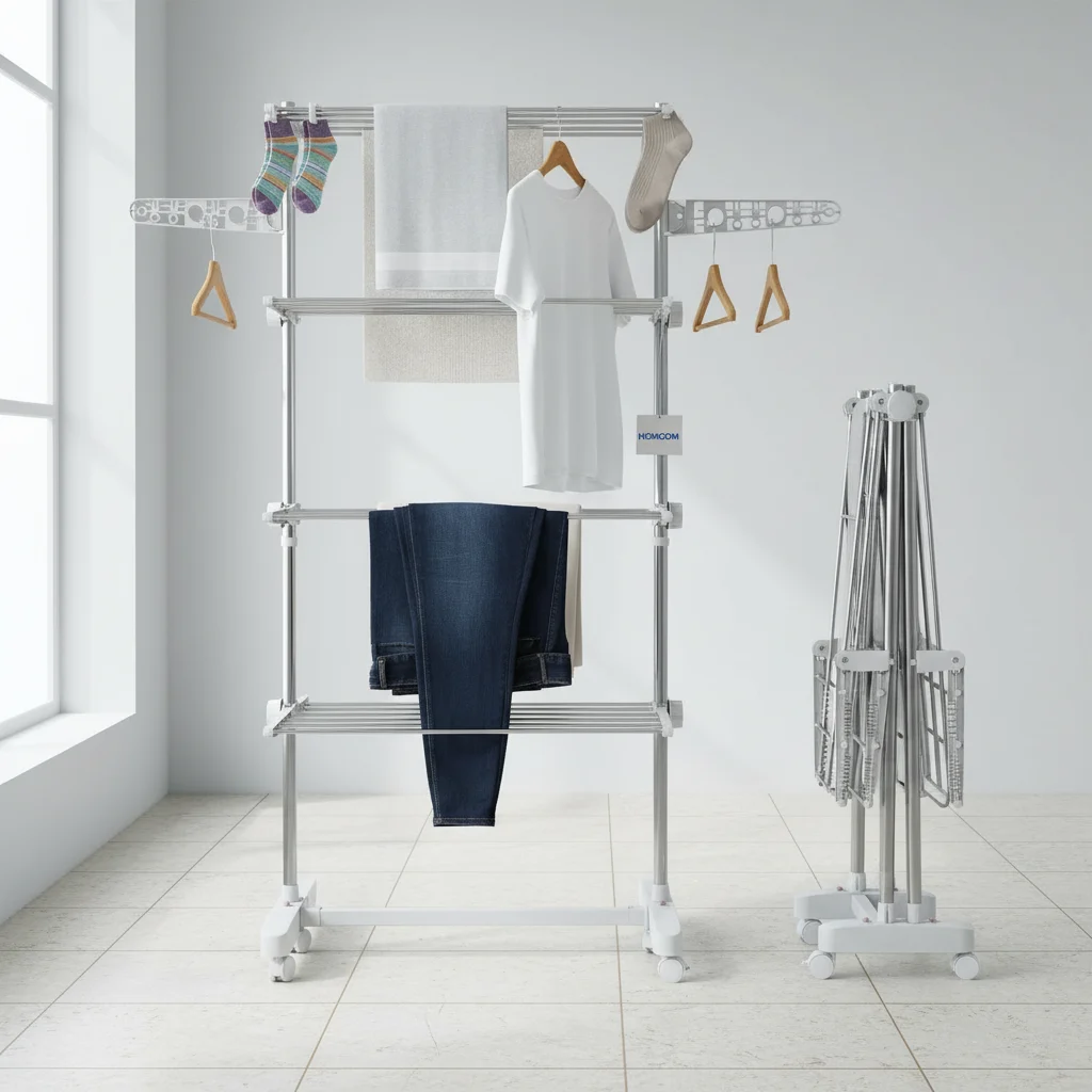 Estendal vertical dobrável HOMCOM com 6 rodas e prateleiras ajustáveis